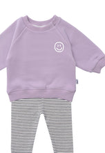 Load image into Gallery viewer, 2tlg. Set mit Sweatshirt in flieder "Smiley" und geringelter Leggings: 74/80