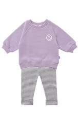 Load image into Gallery viewer, 2tlg. Set mit Sweatshirt in flieder "Smiley" und geringelter Leggings: 86/92