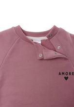 Load image into Gallery viewer, 2tlg. Set mit Sweatshirt in rosenholz und Print "amore" sowie Streifen Leggings: 62/68