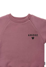 Lade das Bild in den Galerie-Viewer, 2tlg. Set mit Sweatshirt in rosenholz und Print "amore" sowie Streifen Leggings: 62/68

